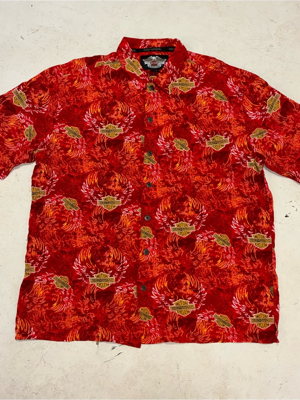Vintage Harley-Davidson Red and Orange Rayon Hawaiian Shit Aloha Eagle